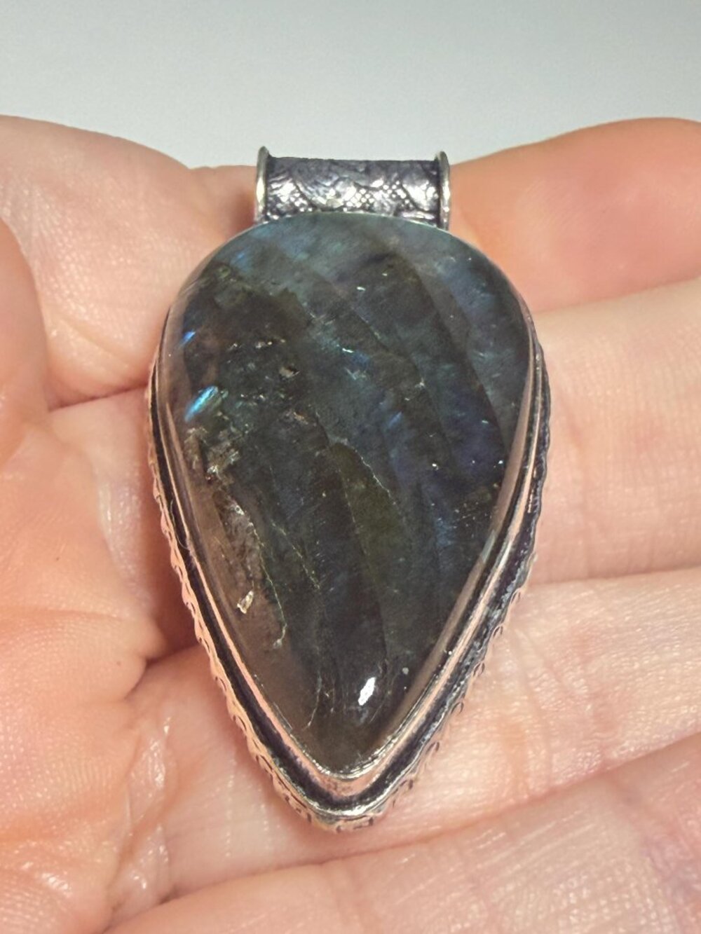 Labradorite Pendant | Blue Green Flash | Teardrop | Hollow Bale | 2 Inches - Picture 3 of 10